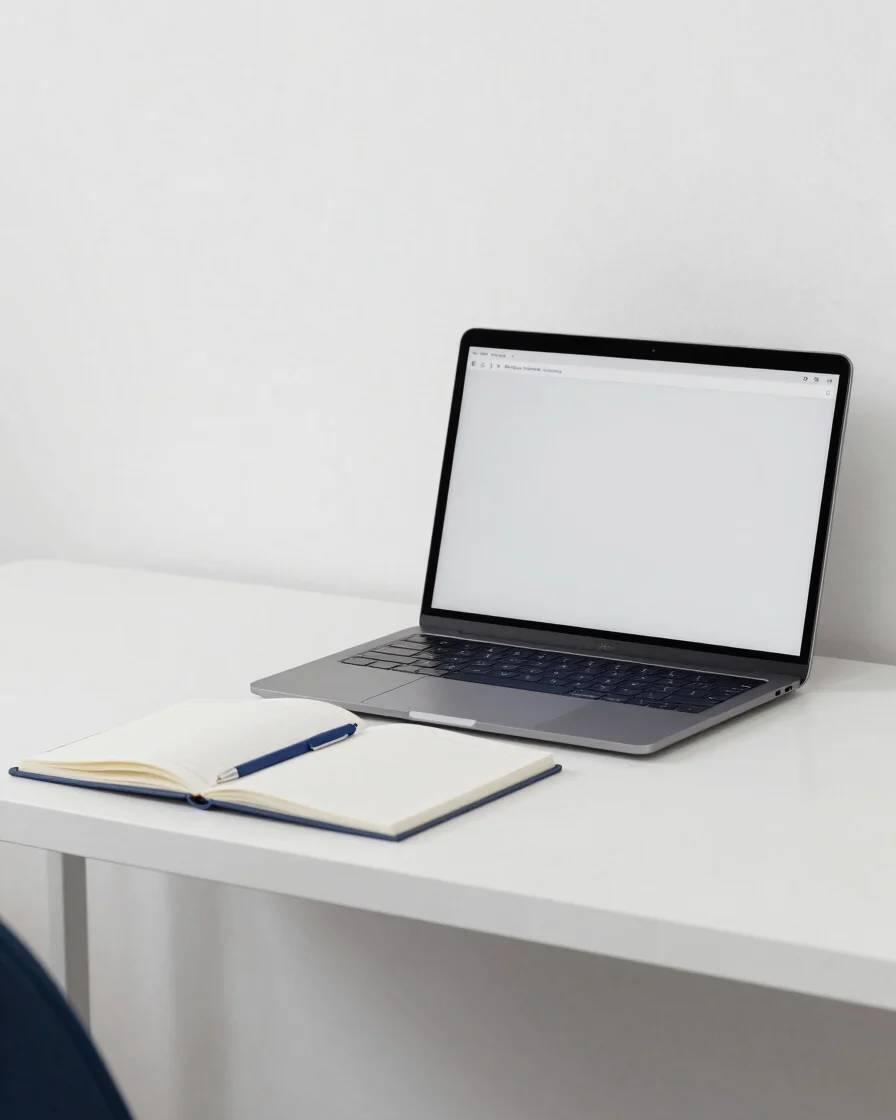 Editorial technology photography, soft diffused studio light, white and navy palette, a clean desk with a notebook and a
