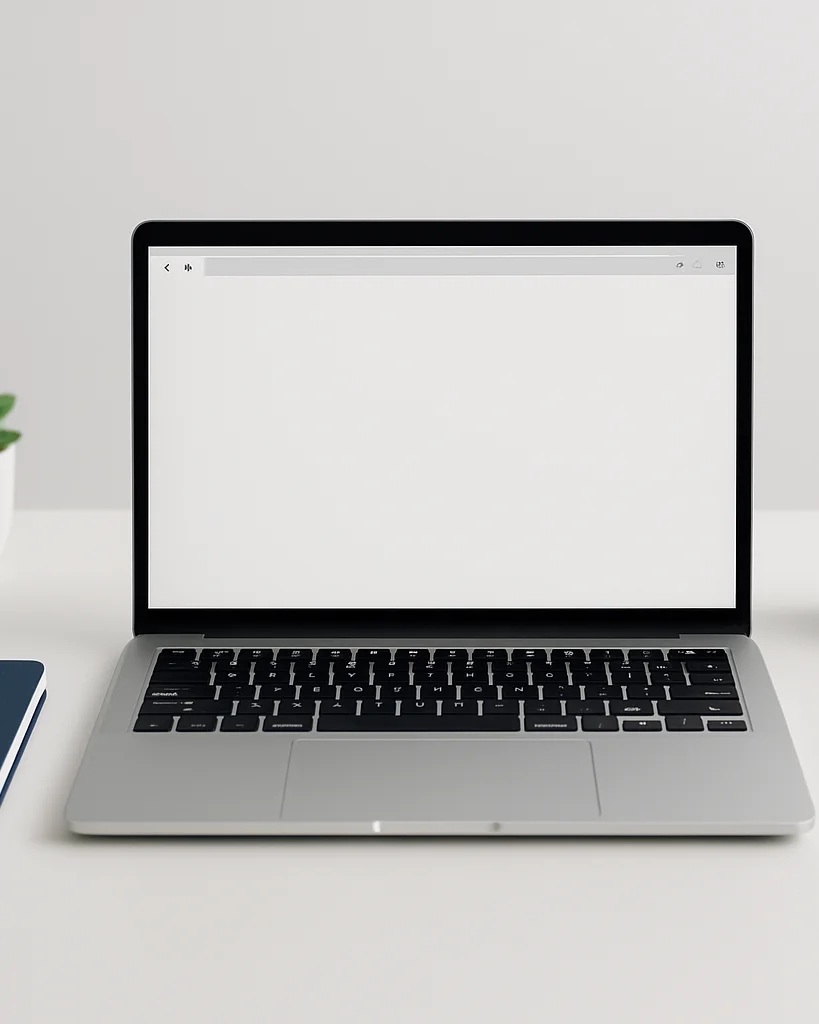 Editorial technology photograph of a clean white desk with a lapt